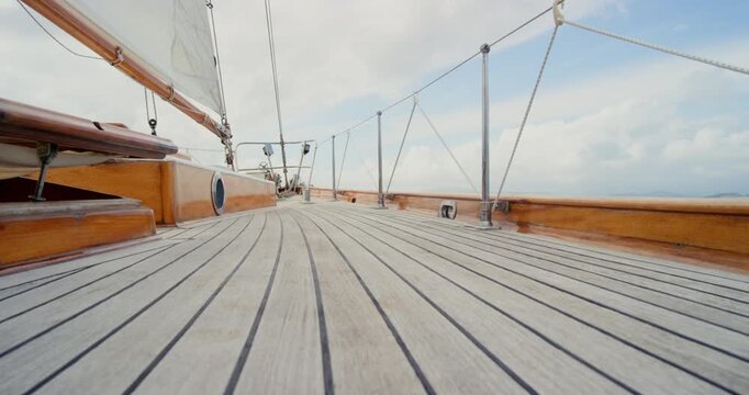 Holiday, sailing and ocean with yacht outdoor for tropical getaway, summer vacation and journey. Transportation, luxury cruise and adventure with boat in nature for seaside, travel and paradise