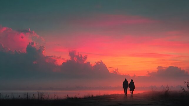 Couple Walking Through Grassland Under Dramatic Red Sunset