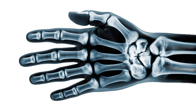 Detailed medical x-ray of a human hand showing skeletal anatomy, finger bones, and wrist structure isolated on a transparent background