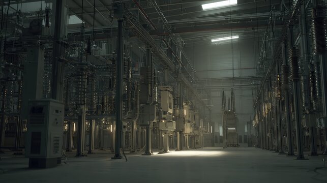 Industrial electrical substation interior with transformers, switchgear, cables and high voltage equipment forming a dense grid for energy transmission and distribution systems
