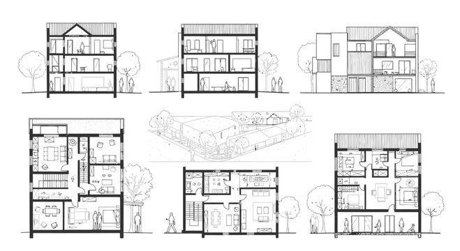 Architectural drawings: floor plans, sections, and elevations of a modern house