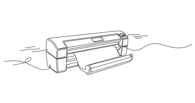 Large format printer line art sketch with paper roll and controls. Non editable stroke