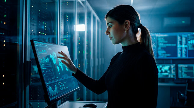 Technology specialist woman analyzing global data on touchscreen monitor inside server room
