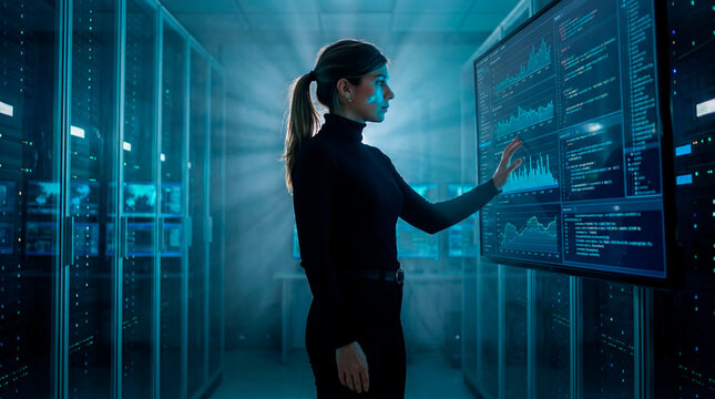Data engineer woman reviewing analytics dashboards on large screen inside datacenter corridor