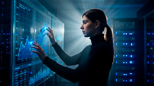 Data analyst woman interacting with financial charts on transparent screen inside server room
