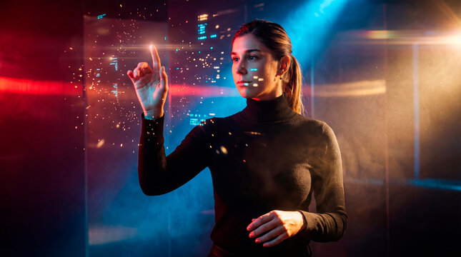 Technology consultant woman interacting with digital interface in futuristic data environment