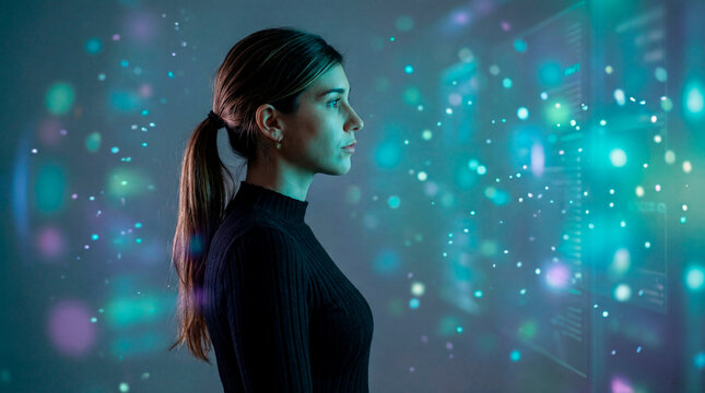 AI specialist woman observing digital data particles on futuristic interface