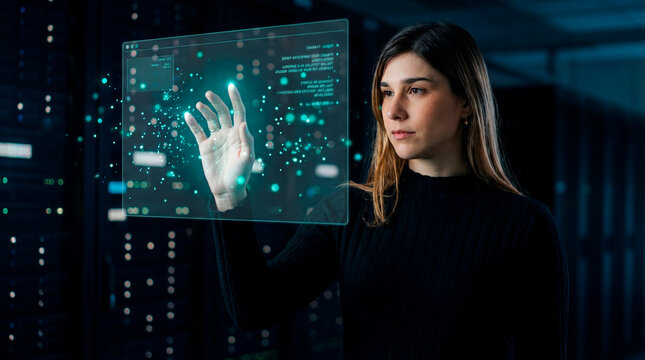 Data scientist woman interacting with digital particles on holographic interface in server room
