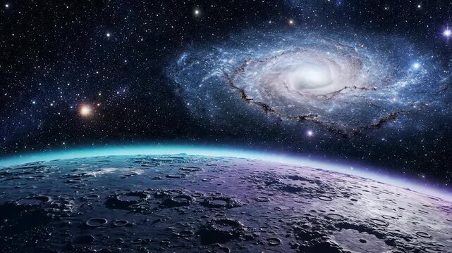 Spiral galaxy hovers above cratered alien planet surface with distant stars and nebulae creating a cosmic vista