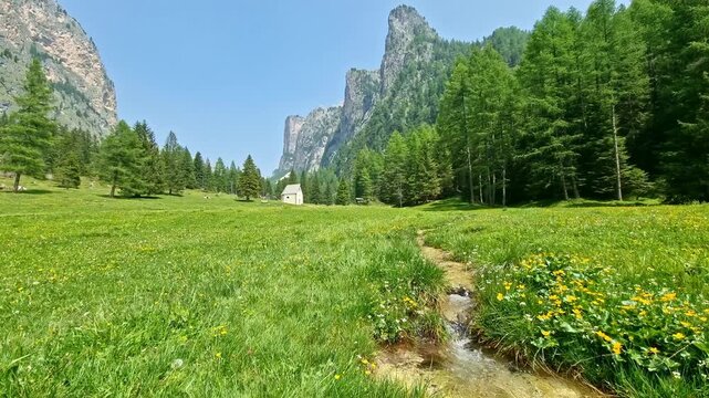 Mountain stream passing through beautiful Vallunga valley Langental in Val Gardena, Dolomites, Italy, in springtime