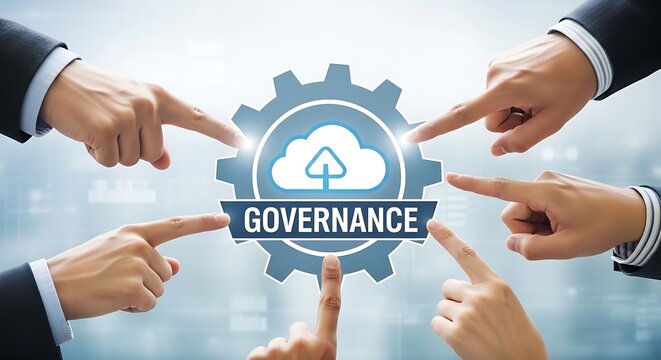 Multiple hands pointing to a central gear with a cloud and 'GOVERNANCE' text, symbolizing collaborative cloud management and strategic oversight.