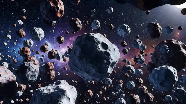Vast asteroid field cosmic space nebula background with distant sun light illuminating rocky celestial bodies and