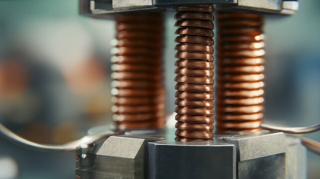 Copper wire coils on metal cores building an electric motor, generating magnetic fields for power generation and industrial applications, essential for modern technology and engineering