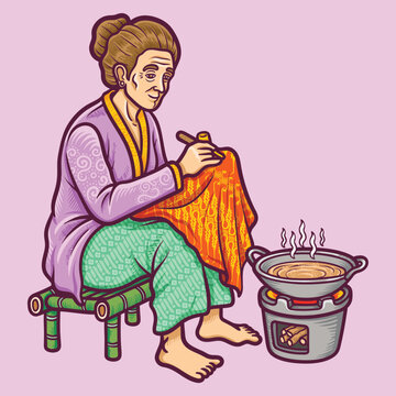 Traditional Indonesian Woman Making Batik Tulis Illustration