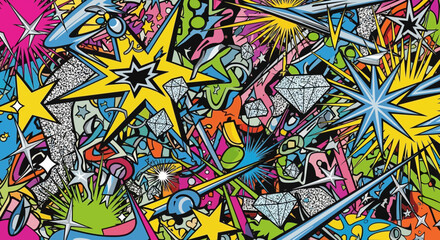 Fototapeta premium Explosion of Colors and Shapes: Stars, Diamonds, and Abstract Art