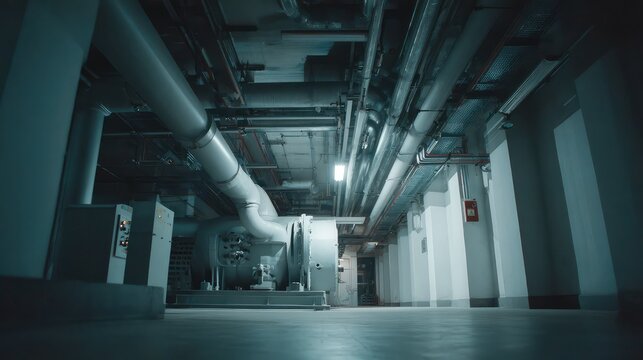 Industrial basement featuring heavy machinery, a large boiler, and an intricate network of pipes and ventilation ducts on the ceiling, emphasizing infrastructure and technical systems