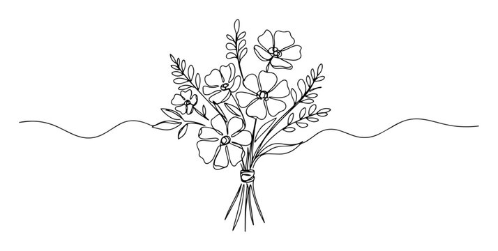 romantic flower bouquet monoline vector illustration