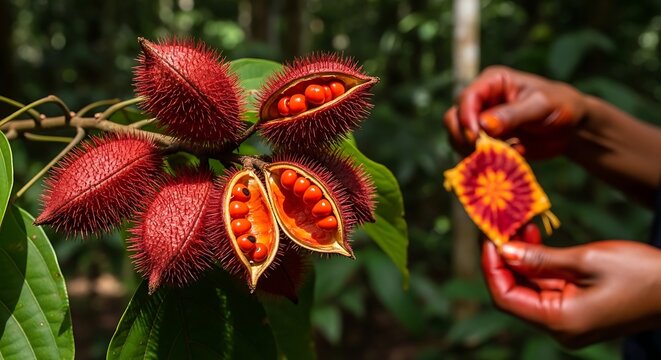 Close-up of Freshly Harvested Annatto Seeds and Pods in Natural Light.