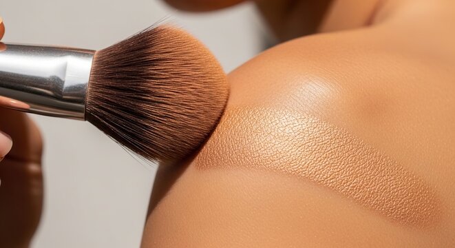 Close-up of makeup brush applying foundation on shoulder skin, highlighting smooth texture and cosmetic application technique in beauty setting