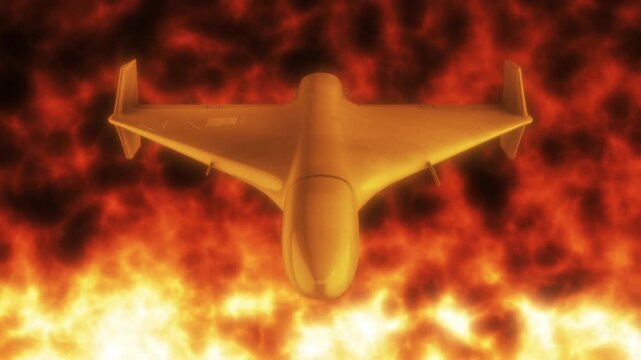 Detailed Close-up of Shahed 136 Kamikaze Drone Above Abstract Intense Fire Burning. Close-up detailed 3d. UAV Unmanned Aerial Vehicle. Modern Technology Warfare in the Air. Combat Aircraft.