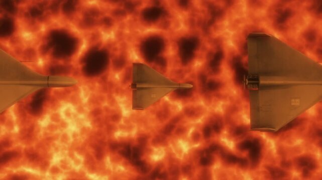 Trio of Shahed 136 Kamikaze Drones Flying Over Raging Abstract Fire Burning Below. Close-up detailed 3d. UAV Unmanned Aerial Vehicle. Modern Technology Warfare in the Air. Combat Aircraft.