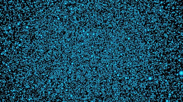 Mass of Thousands of Light Blue Particles Swirling on Black Background as Camera Moves Through Swarm. Visualisation of Quantum Atoms Weakly Interacting. Vibrant Atomic System.