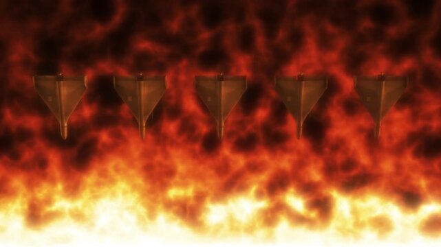 5 Shahed 136 Kamikaze Drones in Formation Flying Over Intense Abstract Fire Burning. Close-up detailed 3d. UAV Unmanned Aerial Vehicle. Modern Technology Warfare in the Air. Combat Aircraft.