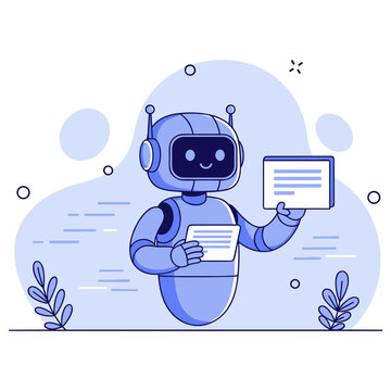 Cute robot reading articles in a minimalist blue background