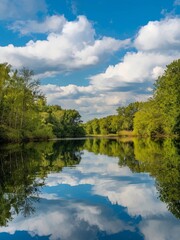 Obraz premium Water River Landscape Sky Lake Nature Reflection Tree Blue Forest Green Summer Trees Clouds Pond Cloud Park Spring Grass Beautiful
