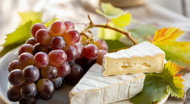 Bunch of red grapes and wedges of brie cheese on a white plate with green leaves on wooden table