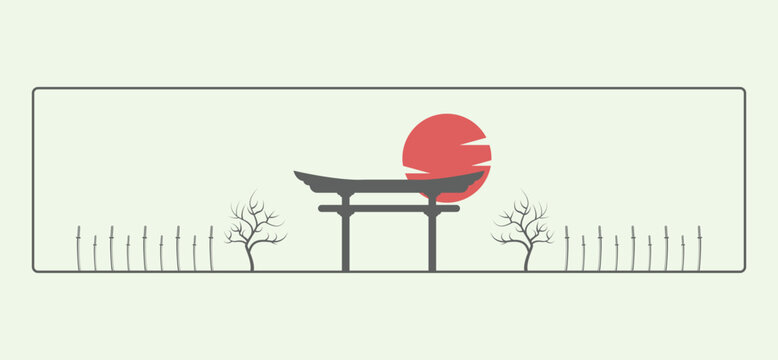 Japanese scene with torii gate sun swords trees