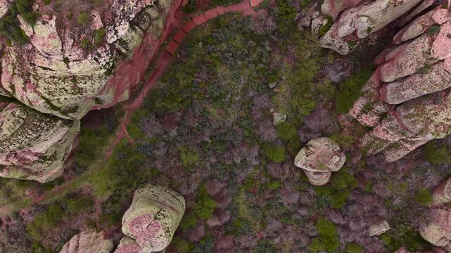 Bird's eye view of a winding brick pathway threading between massive pink sandstone rock formations and green pine trees in Aragon, Spain