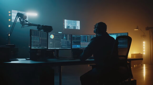 Information technology specialist monitors multiple screens in a dark workstation, writing code and securing networks to prevent cyber threats, breaches, and data loss