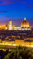 Fototapeta premium A serene evening view of a historic cityscape with illuminated buildings