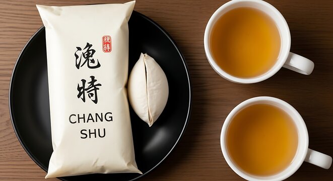 Chang Shu Tea Package with Two Cups of Tea on a Black Plate.