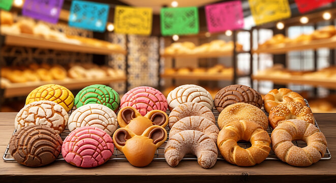 Assorted traditional mexican sweet breads on a wooden table concha cinco de mayo mexico 5 may festival holiday template poster banner download 2026 2027