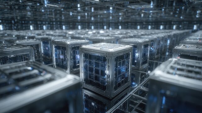 Futuristic server cubes forming a dense array, processing and distributing large amounts of digital information across a complex, interconnected network