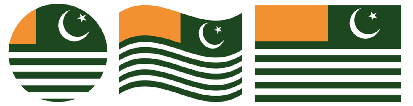 Azad Kashmir flags set. Waving flag of Azad Kashmir, round flag of Azad Kashmir and rectangular flag.