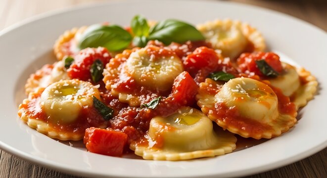 Delicious Plate of Ravioli Pasta with Tomato Sauce and Fresh Basil.