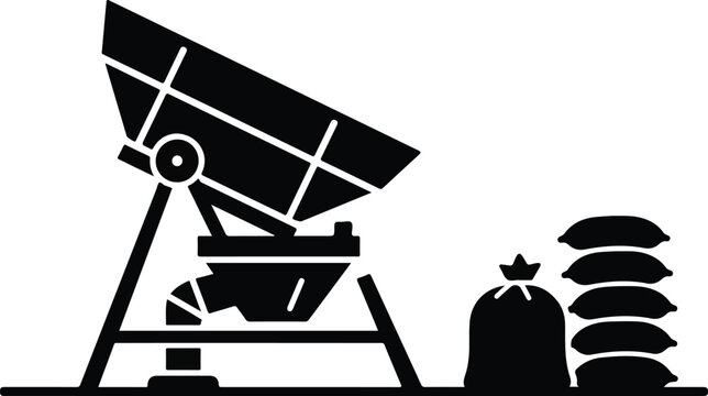 Black and White Silhouette of Industrial Grain Hopper and Sacks for Agricultural Processing