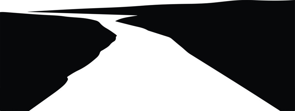 Black and White Silhouette of a Winding Path through a Valley Toward the Horizon