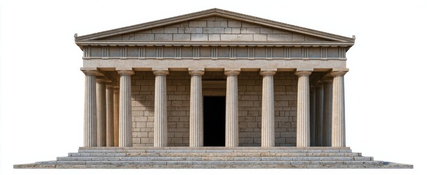 Isolated Greek temple featuring a Doric style facade of beige limestone against a white backdrop