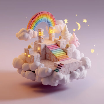 A magical fantasy castle floats among pastel clouds, adorned with a vibrant rainbow, glowing stars, and a crescent moon, creating a dreamy and whimsical scene.
