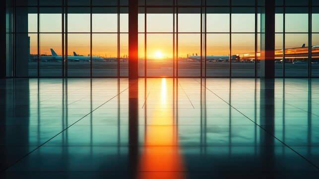 Modern airport waiting area with large glass window reflecting the a vibrant golden sunrise over the busy airfield, featuring parked aircraft and passenger jetways, conveying travel and journey