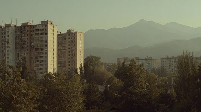 Urban residential buildings rise against a mountain range in the misty distance, surrounded by green trees during the muted light of a late afternoon or early evening