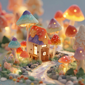 A charming mushroom house illuminated by soft lights sits in a whimsical forest of colorful glowing mushrooms