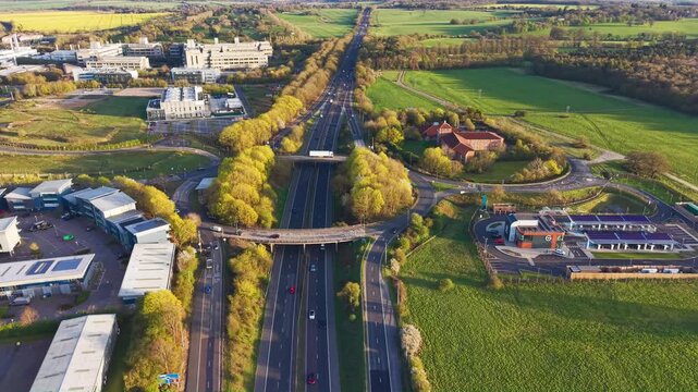 Aerial view of A1(M) motorway and junction 7 in Stevenage. England
