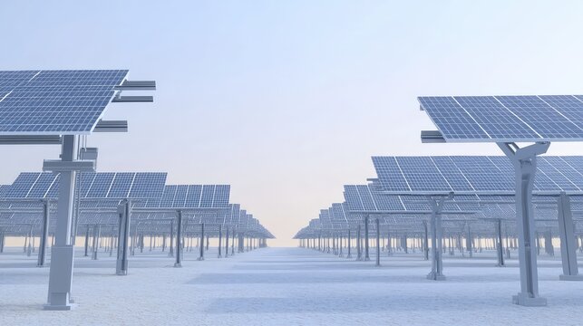 Solar panels in a vast solar farm absorb sunlight to generate clean, renewable electricity, reducing carbon footprint and supporting sustainable energy for a greener future