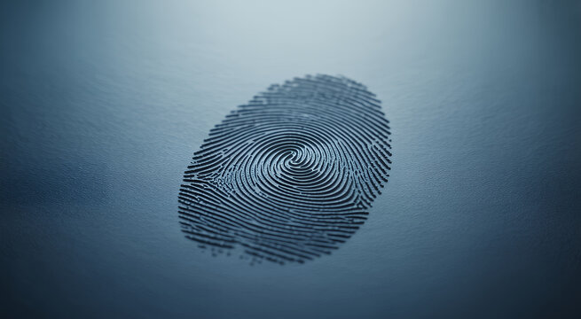 Single black fingerprint impression on a dark blue background, representing biometric security access