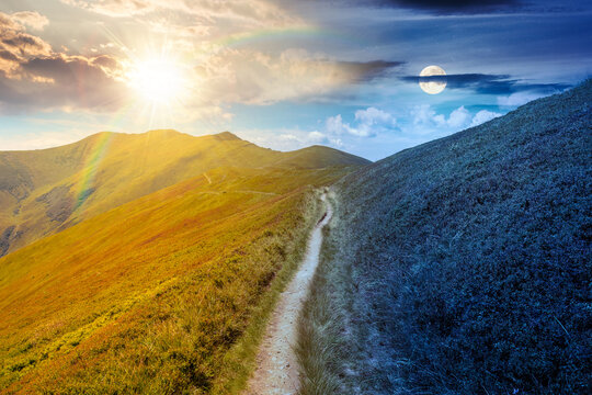day meet night. summer landscape. mountain path through the grassy slope uphill to the sky. epic view. sun and moon over hiking trail path through borzhava ridge. ukraine mountains harmony concept
